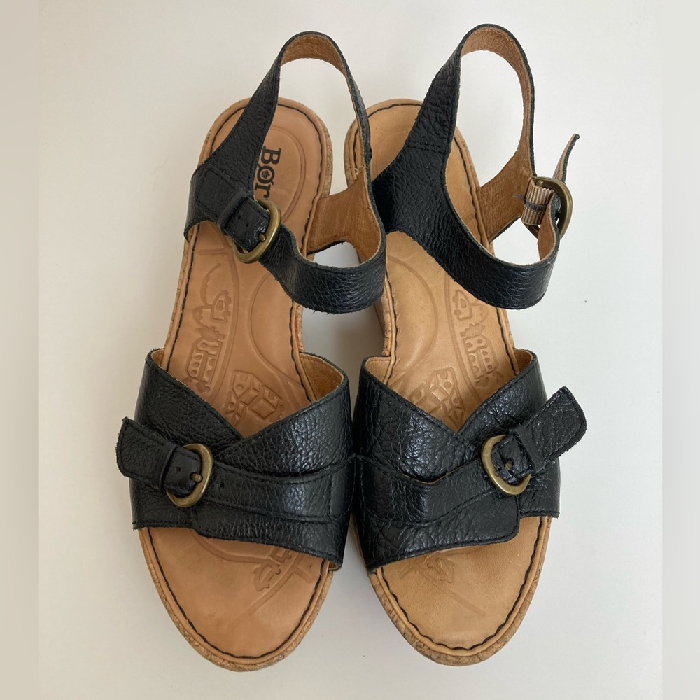 *Born Black Leather Platform Buckle & Ankle Strap Size 8 Cork Wedge Sandal #SR